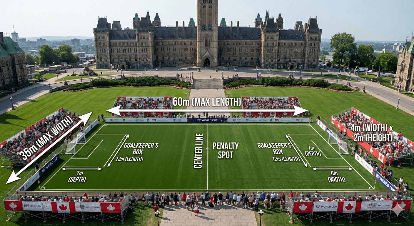Socca field dimensions diagram showing a 60m x 35m pitch with 4m x 2m goals